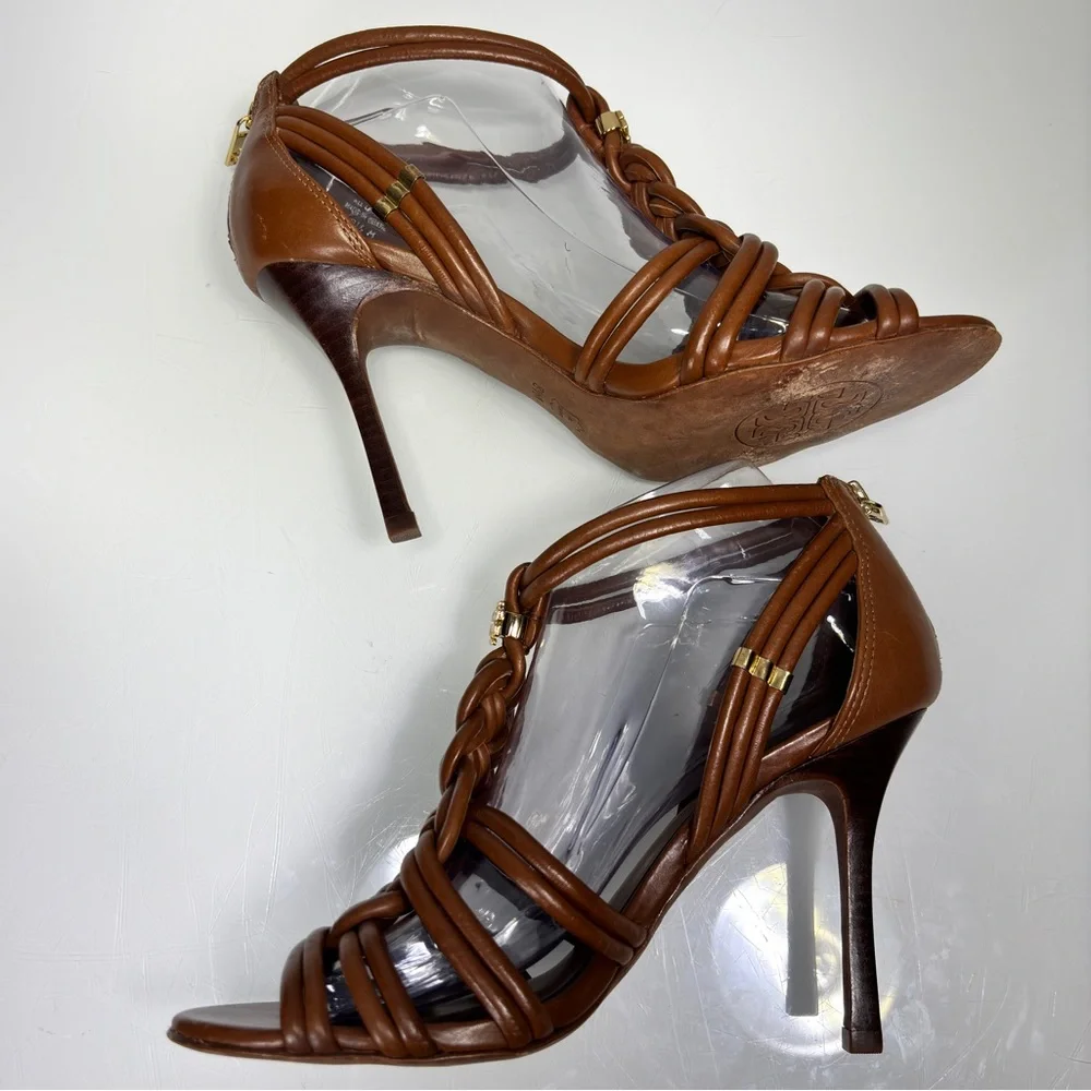 Tory Burch Brown Strappy Braided Leather Heels Size 8.5